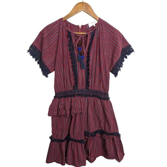 Sea New York Dress 2 Peasant Burgundy Striped Ruffled Pom Poms Lace Trim - Picture 1 of 10